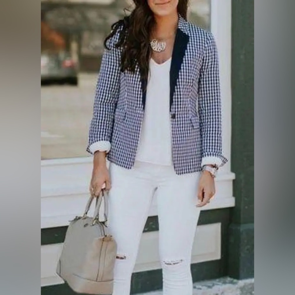 J. Crew Blue and White Gingham Plaid Blazer Size 4